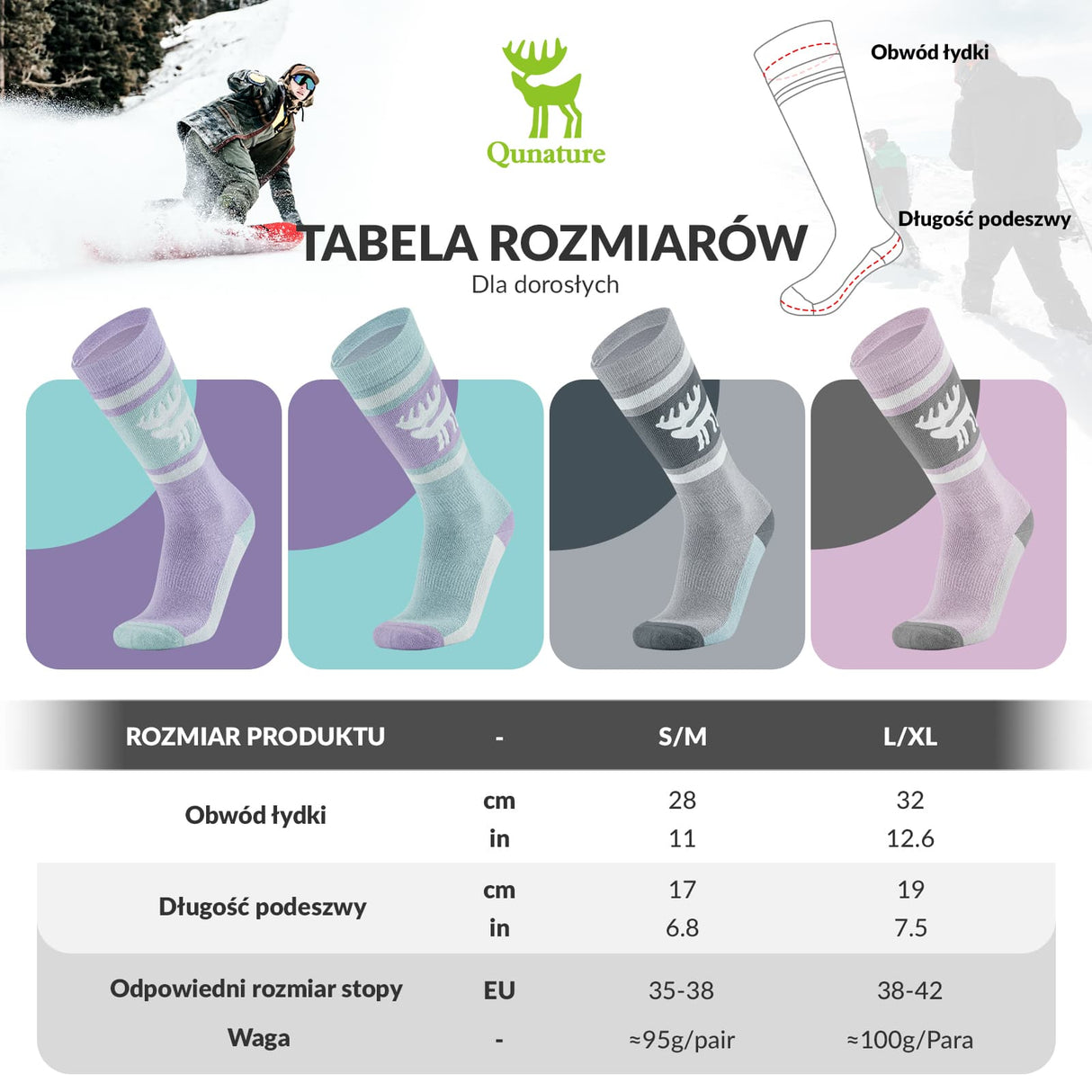 Qunature Qunature Skarpetki Narciarskie Zimowe Termiczne Wykonane Unisex Rozmiar -Q23-011 Skarpetka