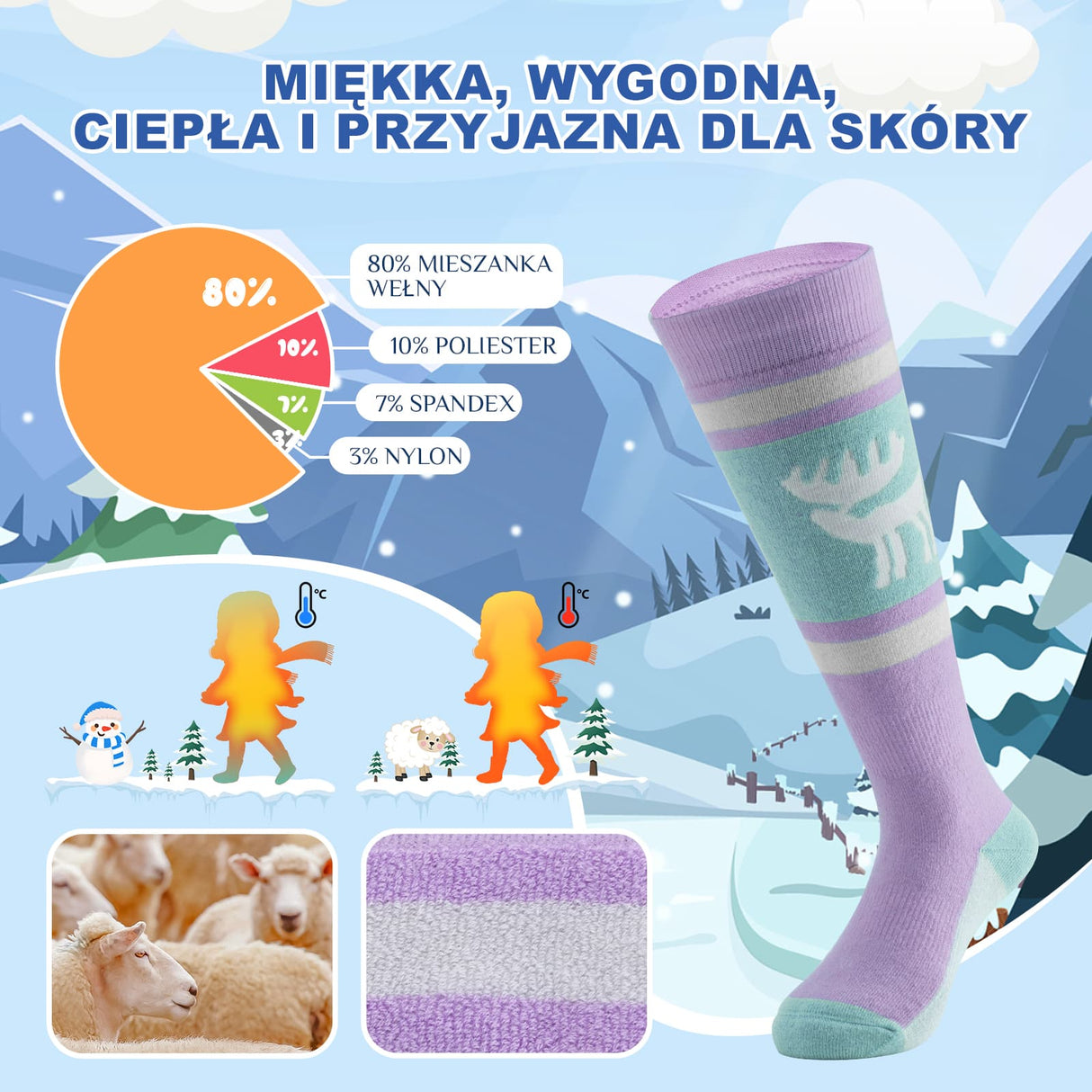 Qunature Qunature Wełniane Skarpety Narciarskie Dla Dzieci-Q23-011 Skarpetka