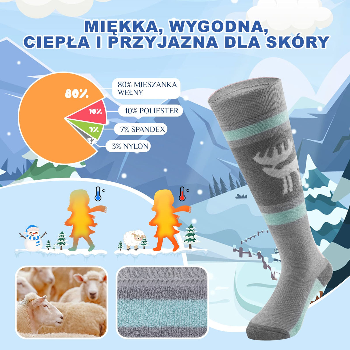 Qunature Qunature Wełniane Skarpety Narciarskie Dla Dzieci-Q23-011 Skarpetka