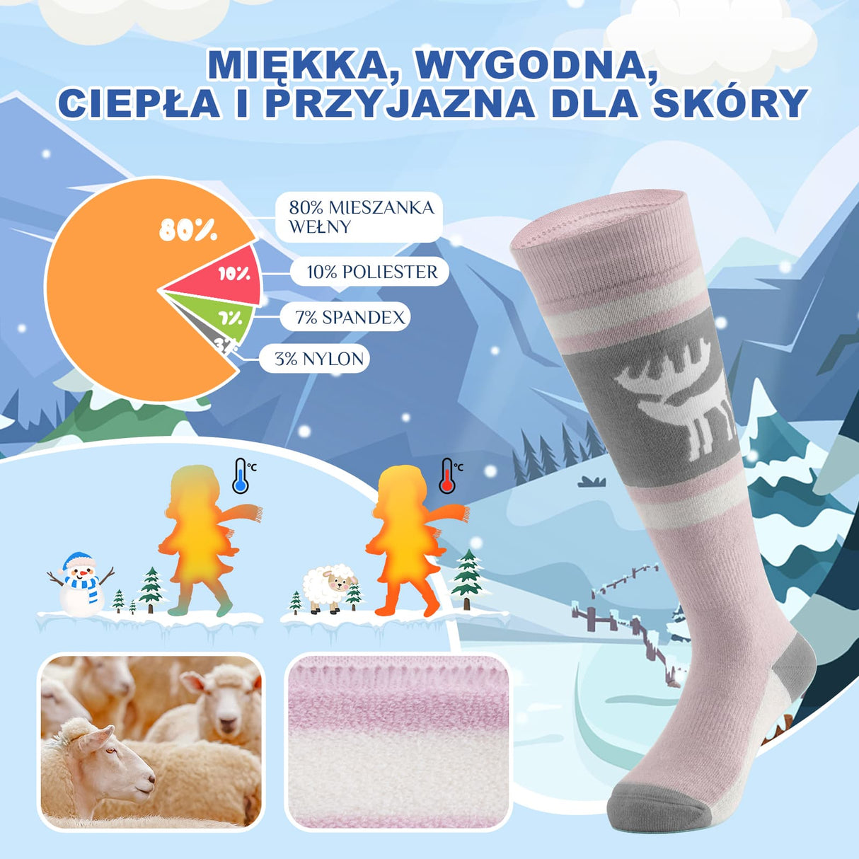 Qunature Qunature Wełniane Skarpety Narciarskie Dla Dzieci-Q23-011 Skarpetka