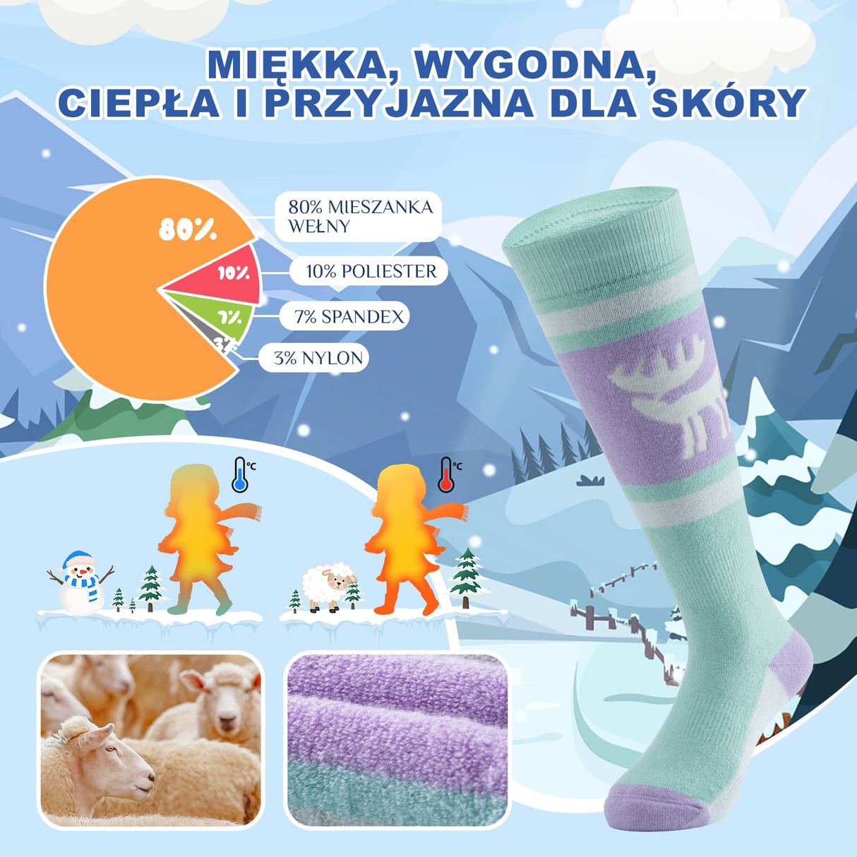 Qunature Qunature Wełniane Skarpety Narciarskie Dla Dzieci-Q23-011 Skarpetka
