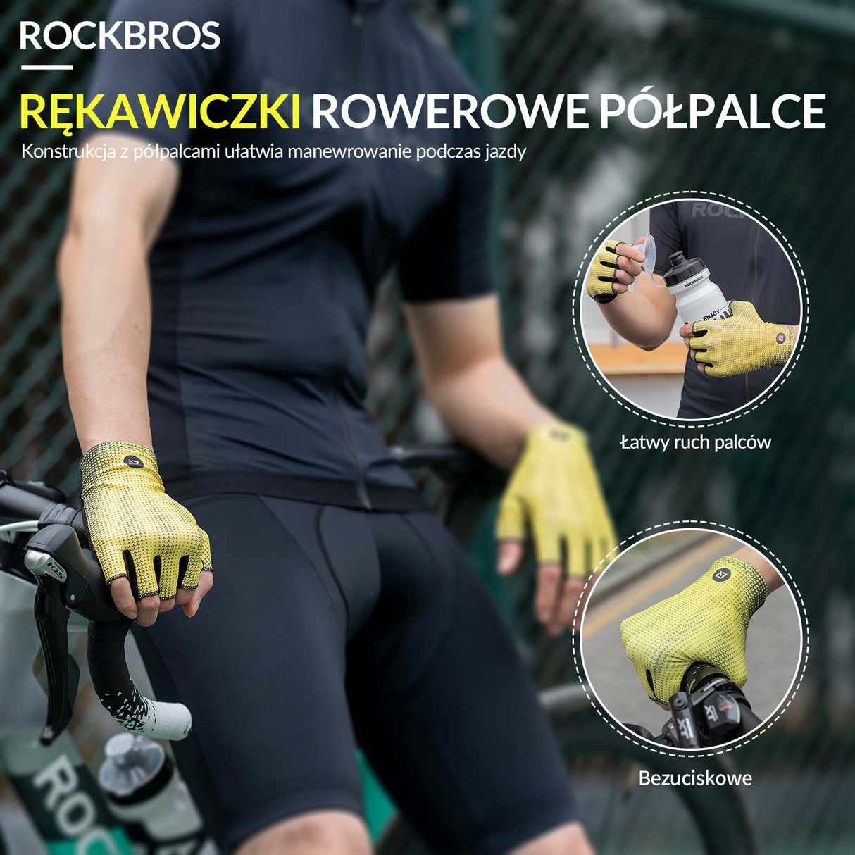 ROCKBROS Rękawice Rowerowe Półpalce Krótkie Antypoślizgowe Rękawiczki