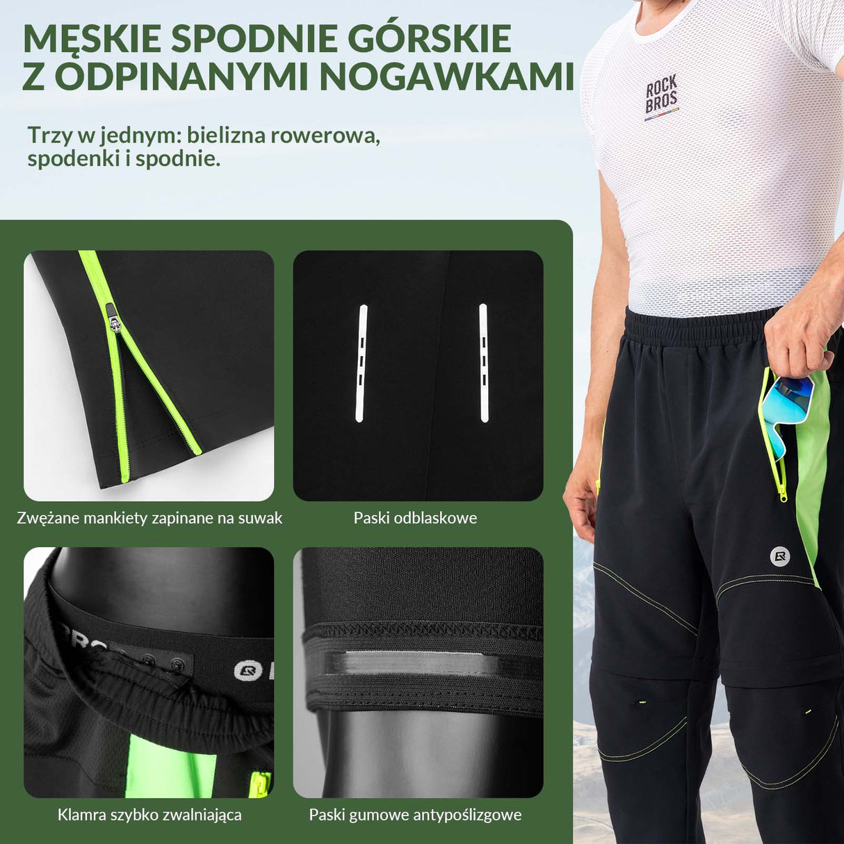 ROCKBROS ROCKBROS Spodnie Rowerowe 2w1 Dwuwarstwowe Odpinane Długie/Krótkie z Wkładką Spodnie