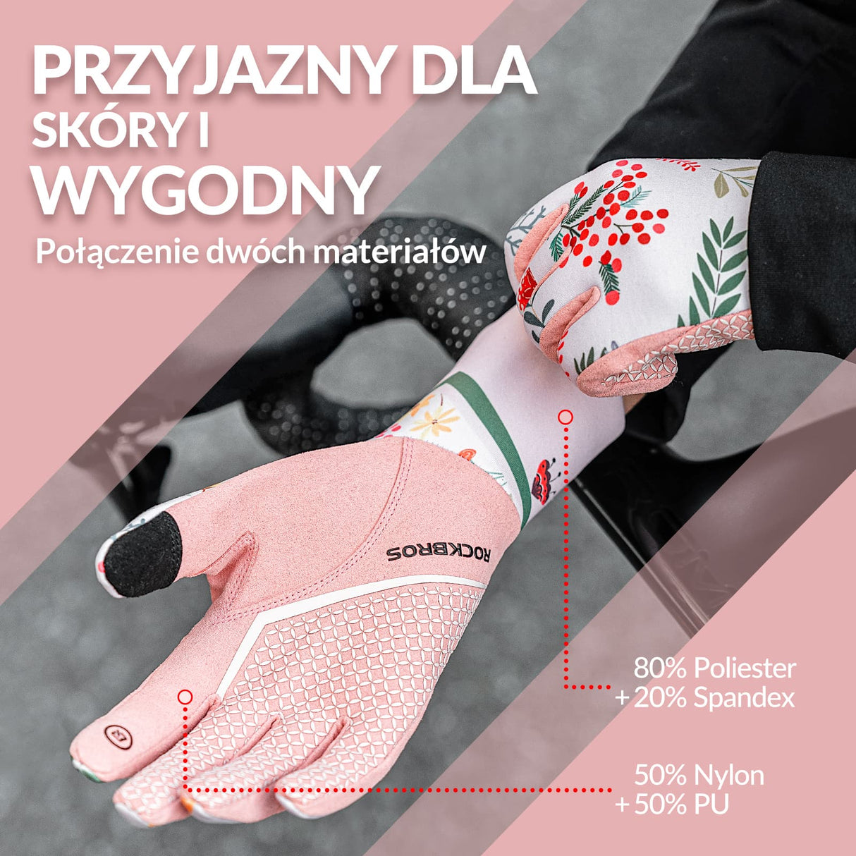 ROCKBROS Rękawiczki Rowerowe Z Nadrukiem Dotykowym Damskie Różowe Wiosna i Jesień-S340-1 Rękawiczki