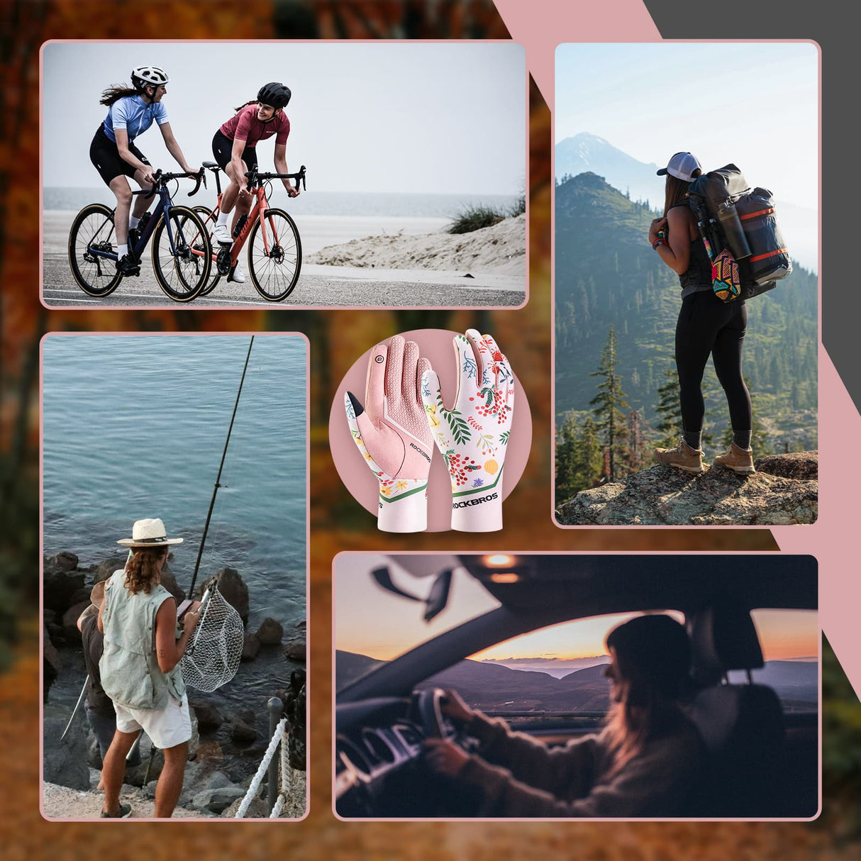 ROCKBROS Rękawiczki Rowerowe Z Nadrukiem Dotykowym Damskie Różowe Wiosna i Jesień-S340-1 Rękawiczki
