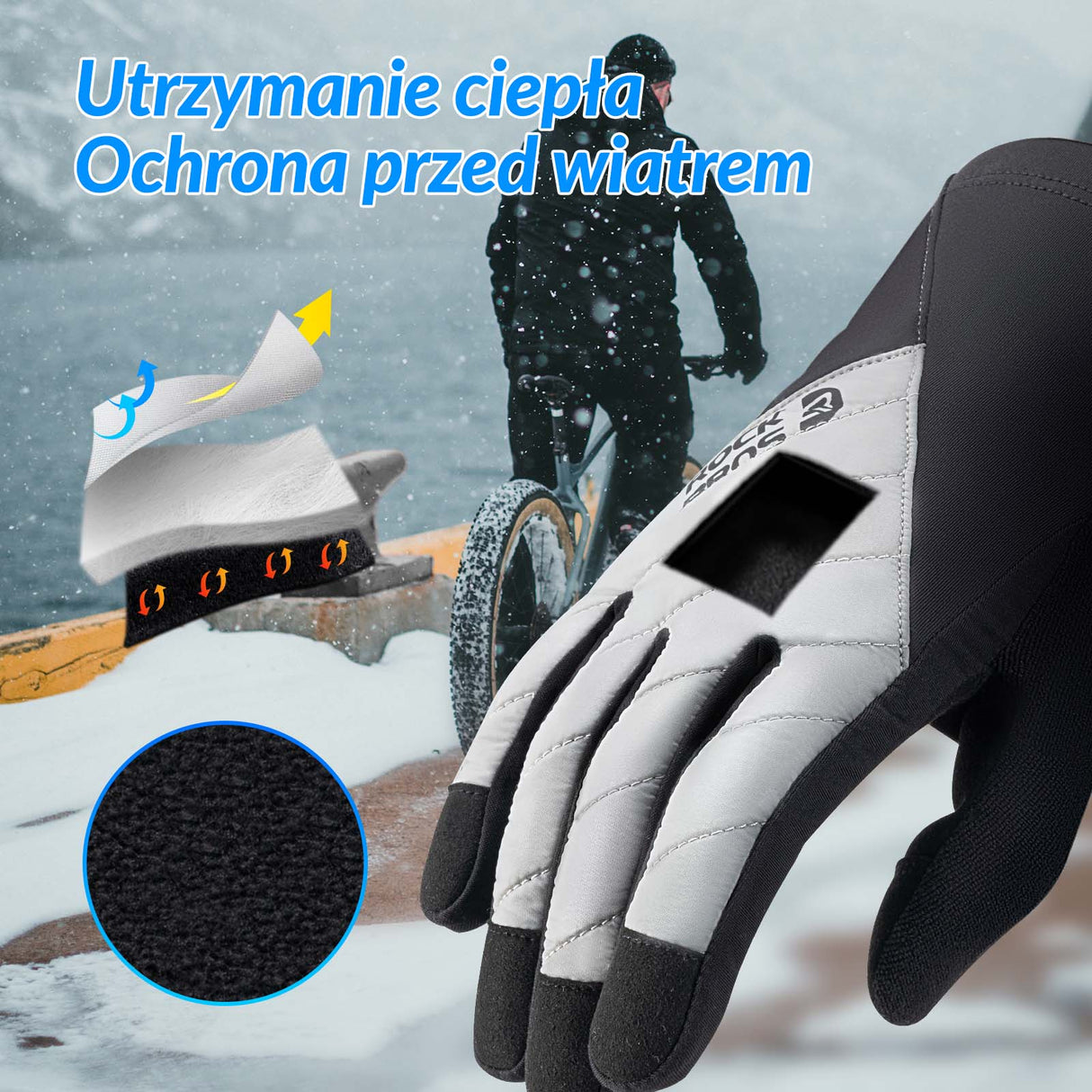 ROCKBROS Rękawiczki Rowerowe Zimowe Termiczne Narciarskie Dotykowe Unisex S-XXL Rękawiczki