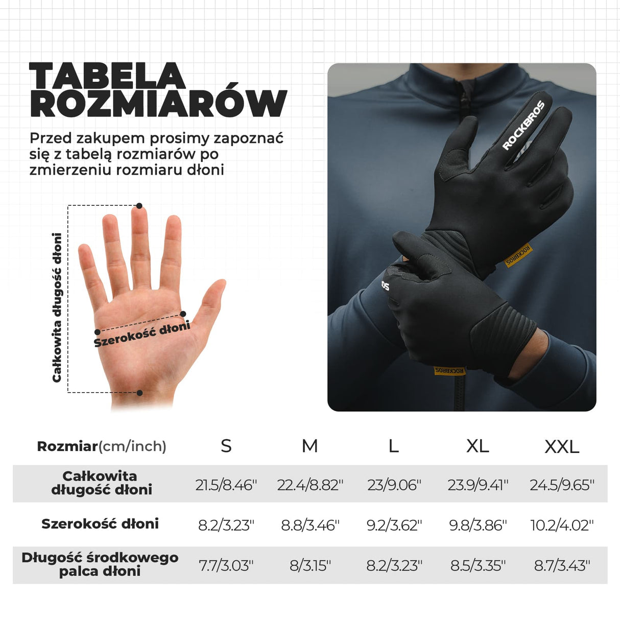 ROCKBROS Rękawiczki Rowerowe z Pełnymi Palcami Funkcją Dotykową i Zapięciem Na Rzep-MT025-1 Rękawiczki