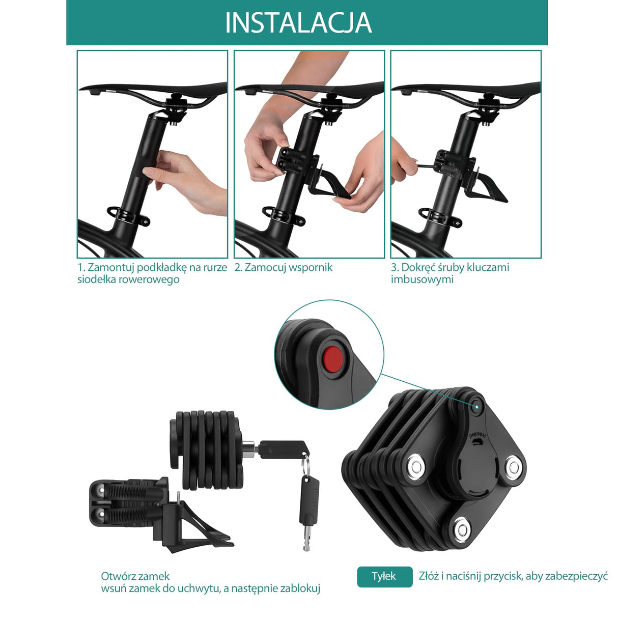 ROCKBROS Składana Blokada Rowerowa 70 cm/65cm Zapięcia