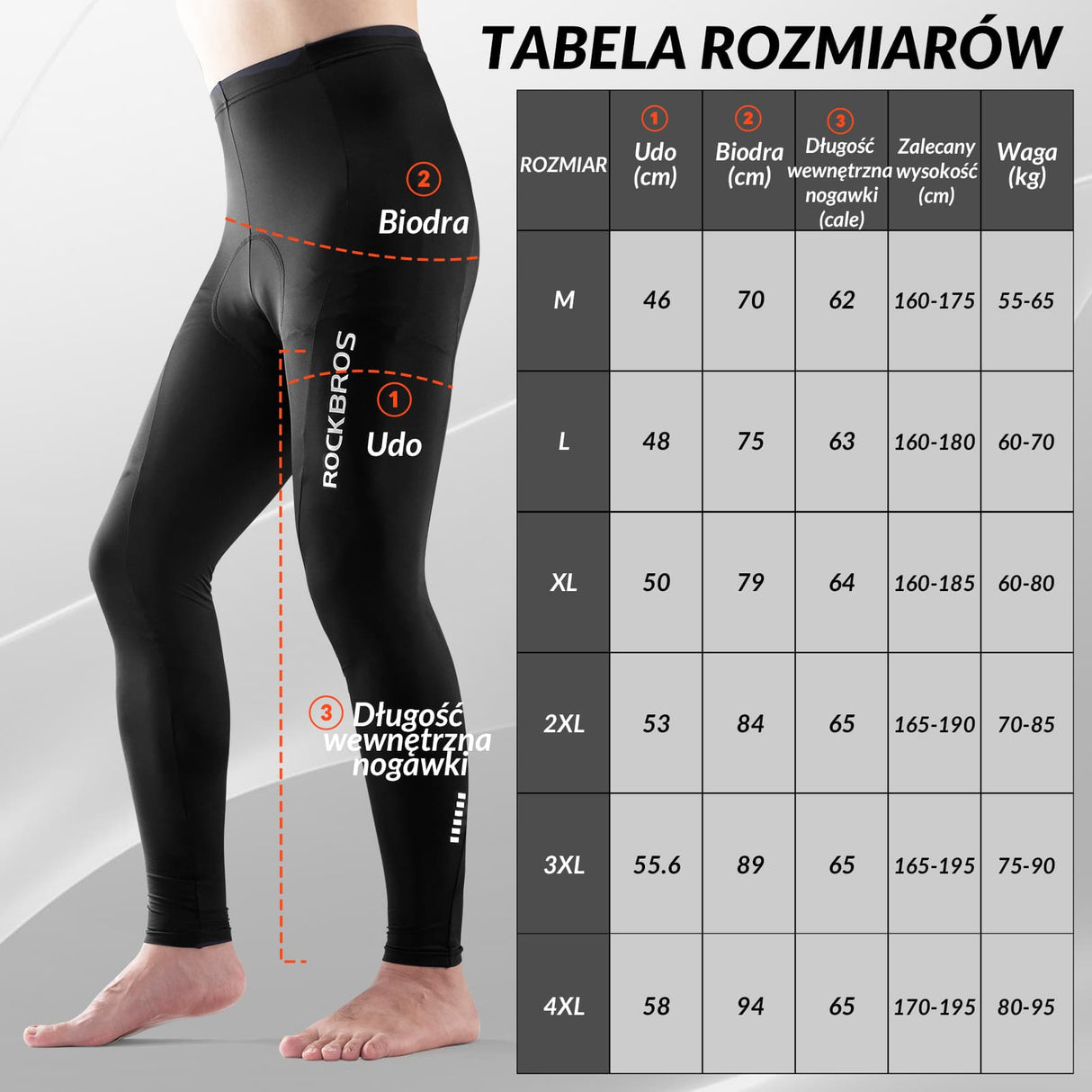 ROCKBROS Męskie Długie Kompresyjne Spodnie Rowerowe z Wkładką Legginsy Spodnie
