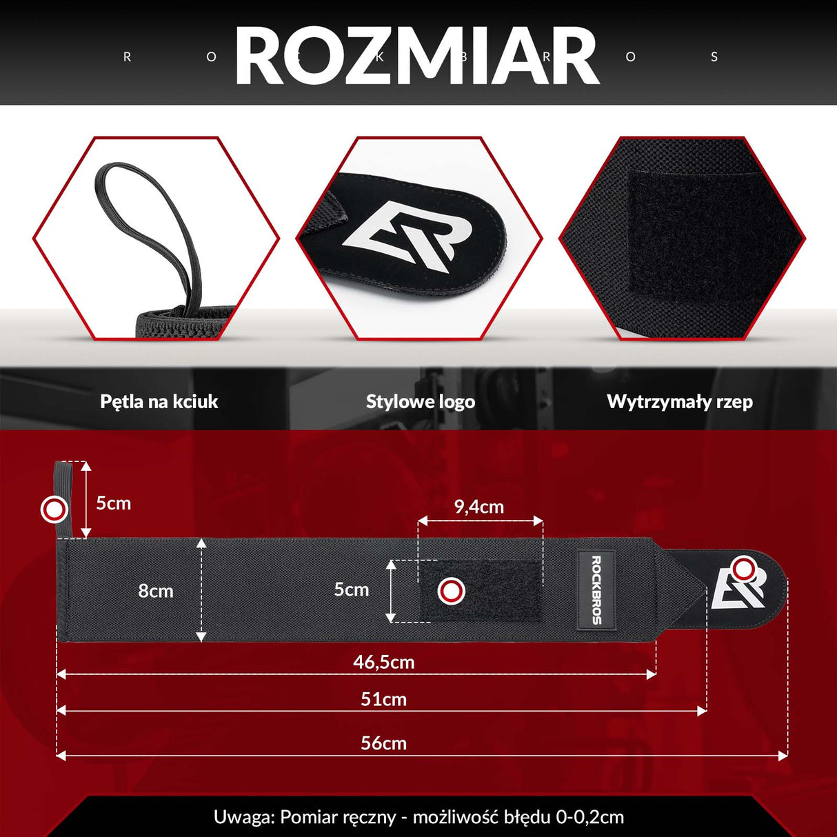 ROCKBROS Sportowe Bandaże na Nadgarstek do Treningu i Fitnessu 45 cm 1 Para