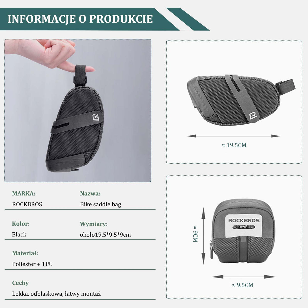 ROCKBROS Wodoodporna Torba Podsiodłowa na Siodełko Rowerowe 0.7L Torby podsiodłowe
