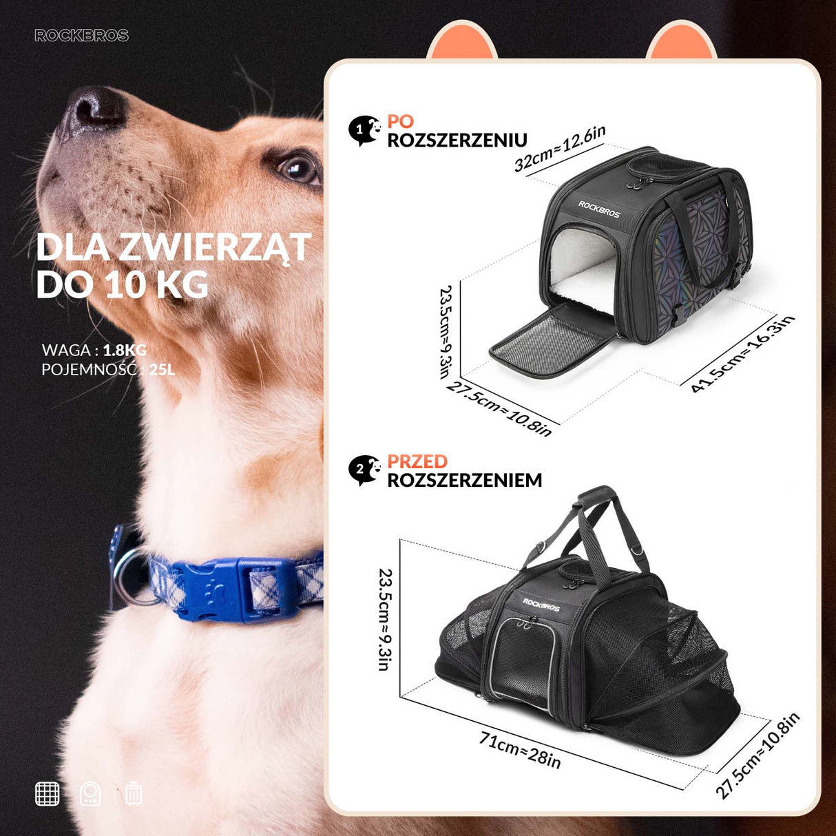 ROCKBROS Torba Transportowa dla Psa i Kota Składana Przenośna 25L Torby na bagażnik