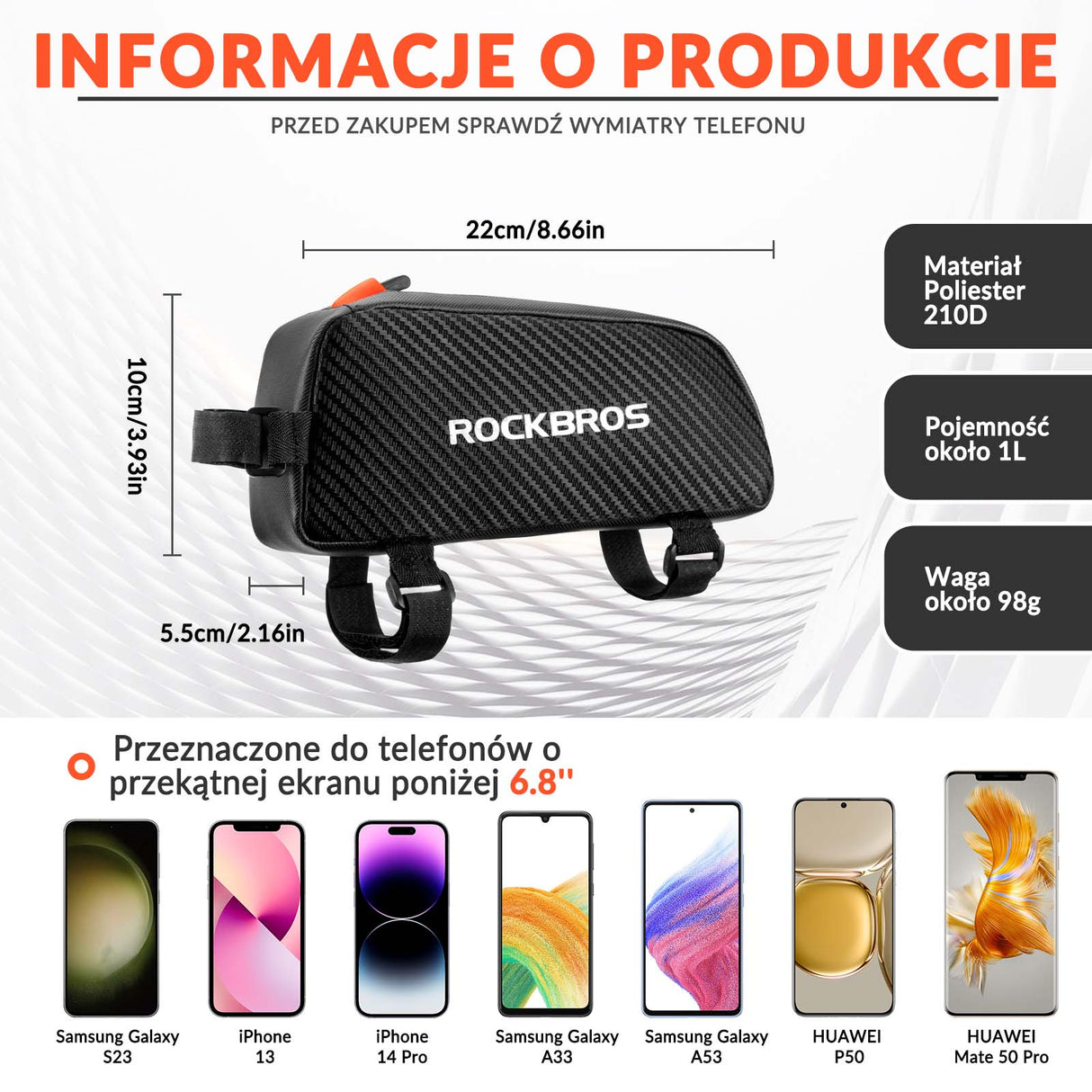 ROCKBROS Torba na Ramę Rowerowa Wodoodporność1 L Torby na ramę