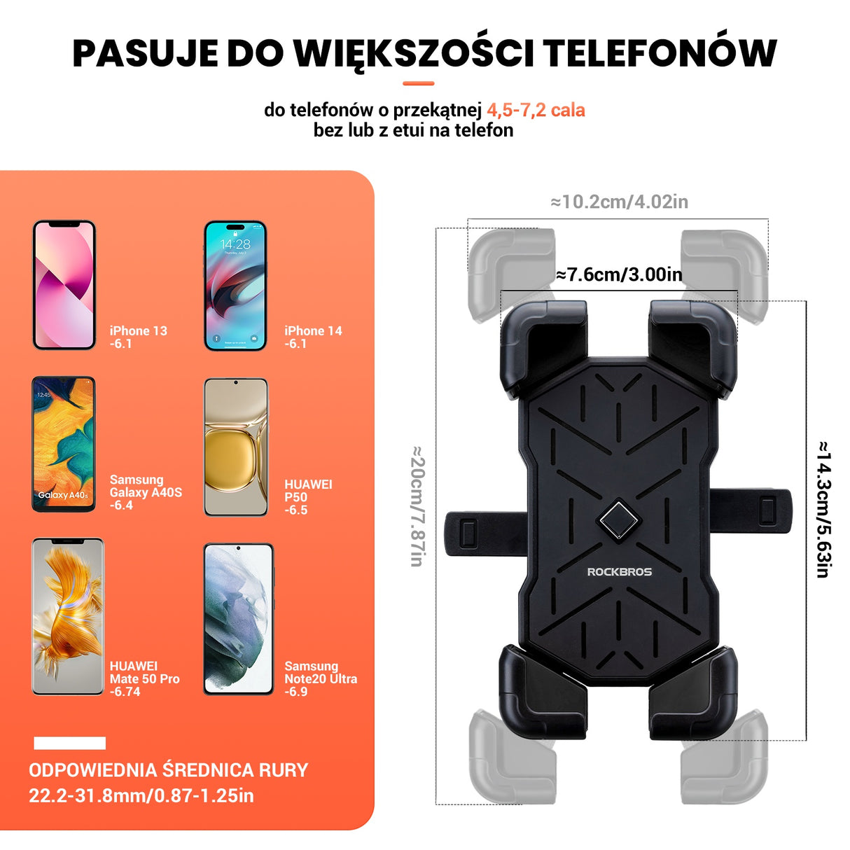 ROCKBROS Uchwyt Rowerowy na Telefon do Większości Rowerów i Telefonów 4.5-7.5 cala-HW-117 Uchwyty na telefon