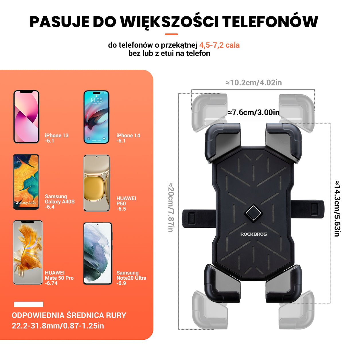 ROCKBROS Uchwyt Rowerowy na Telefon do Większości Rowerów i Telefonów 4.5-7.5 cala-HW-117 Uchwyty na telefon