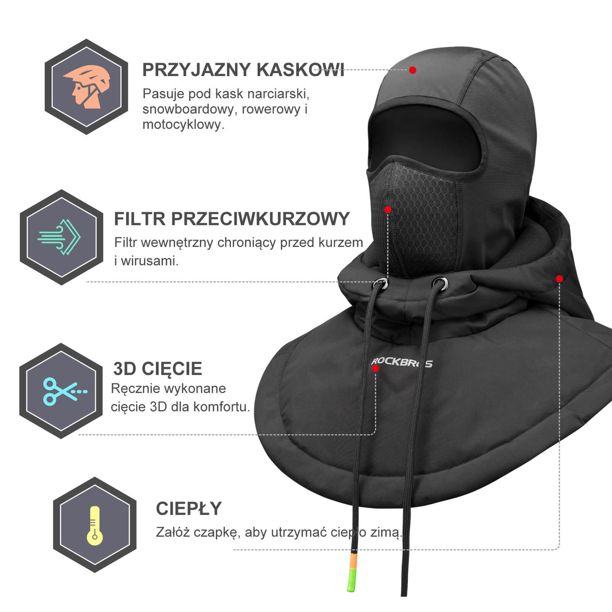 ROCKBROS Zimowa Kominiarka Rowerowa z Kapturem Kominiarki