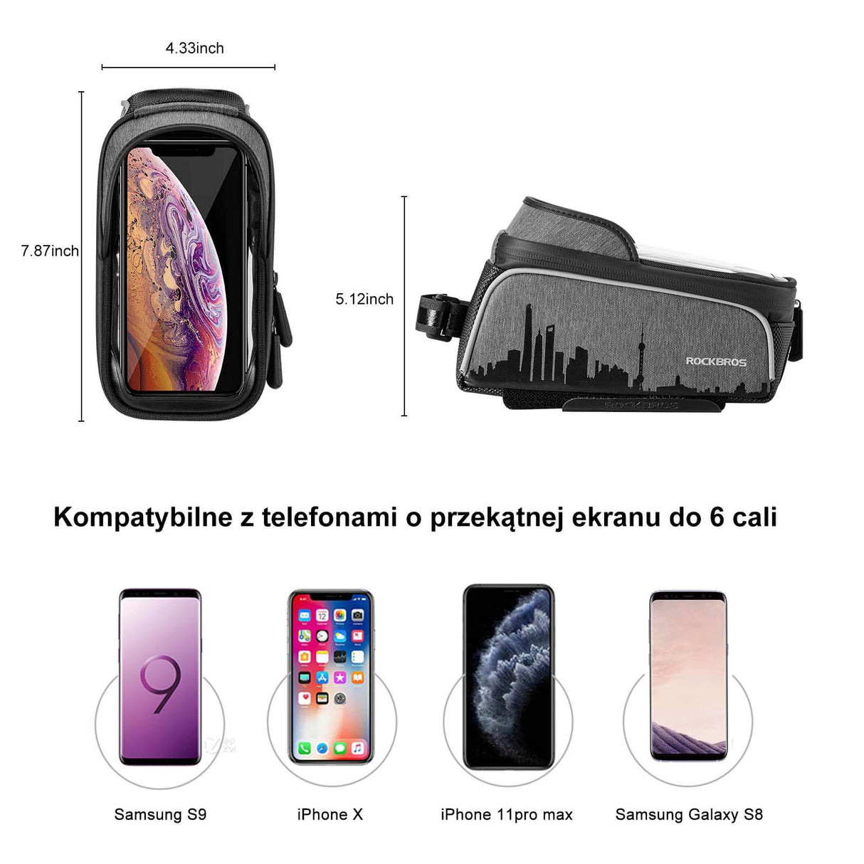 ROCKBROS Wodoodporna Torba na Ramę Rowerową z Kieszenią na Telefon do 6,5‘’ Torby z uchwytem na telefon