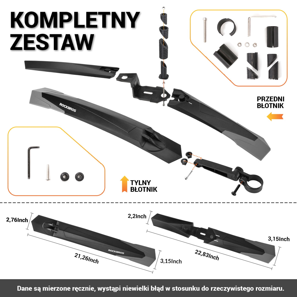 ROCKBROS Zestaw Błotników Rowerowych z Tyłu i z Przodu, Regulowany-DNB-890 Błotniki