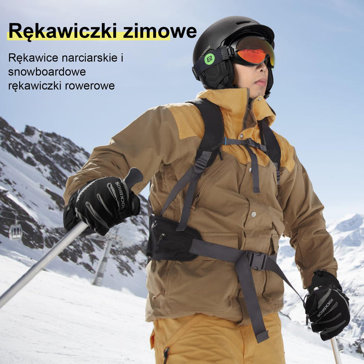 ROCKBROS Rękawice Narciarskie Termiczne Podwójna Warstwa Dwa W Jednym Zimowe Rękawiczki