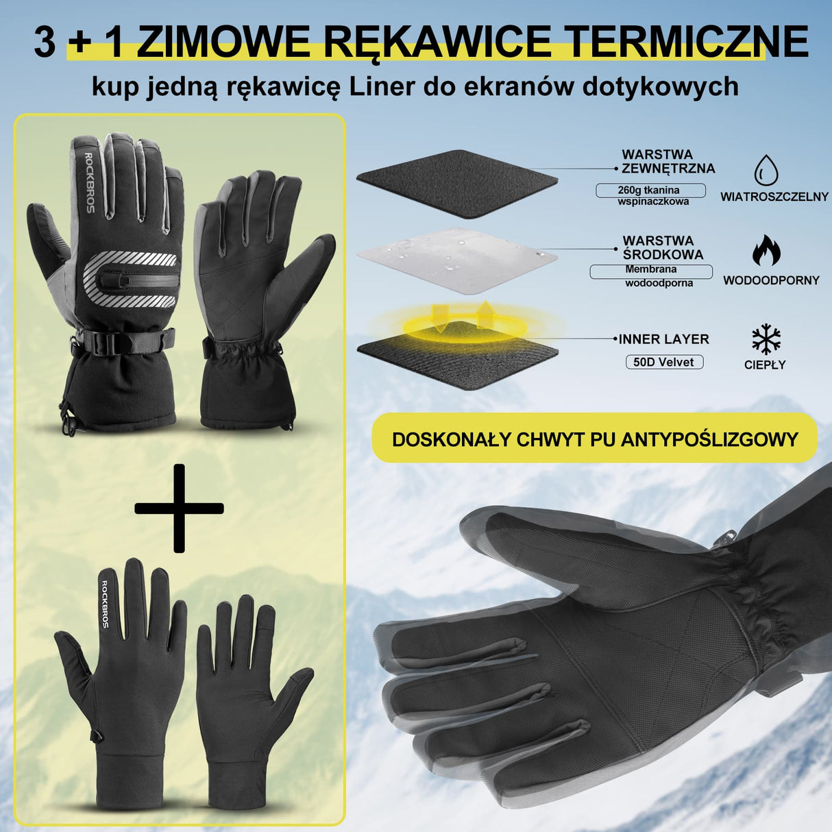 ROCKBROS Rękawice Narciarskie Termiczne Podwójna Warstwa Dwa W Jednym Zimowe Rękawiczki
