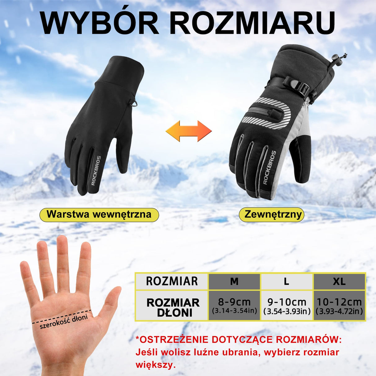 ROCKBROS Rękawice Narciarskie Termiczne Podwójna Warstwa Dwa W Jednym Zimowe Rękawiczki