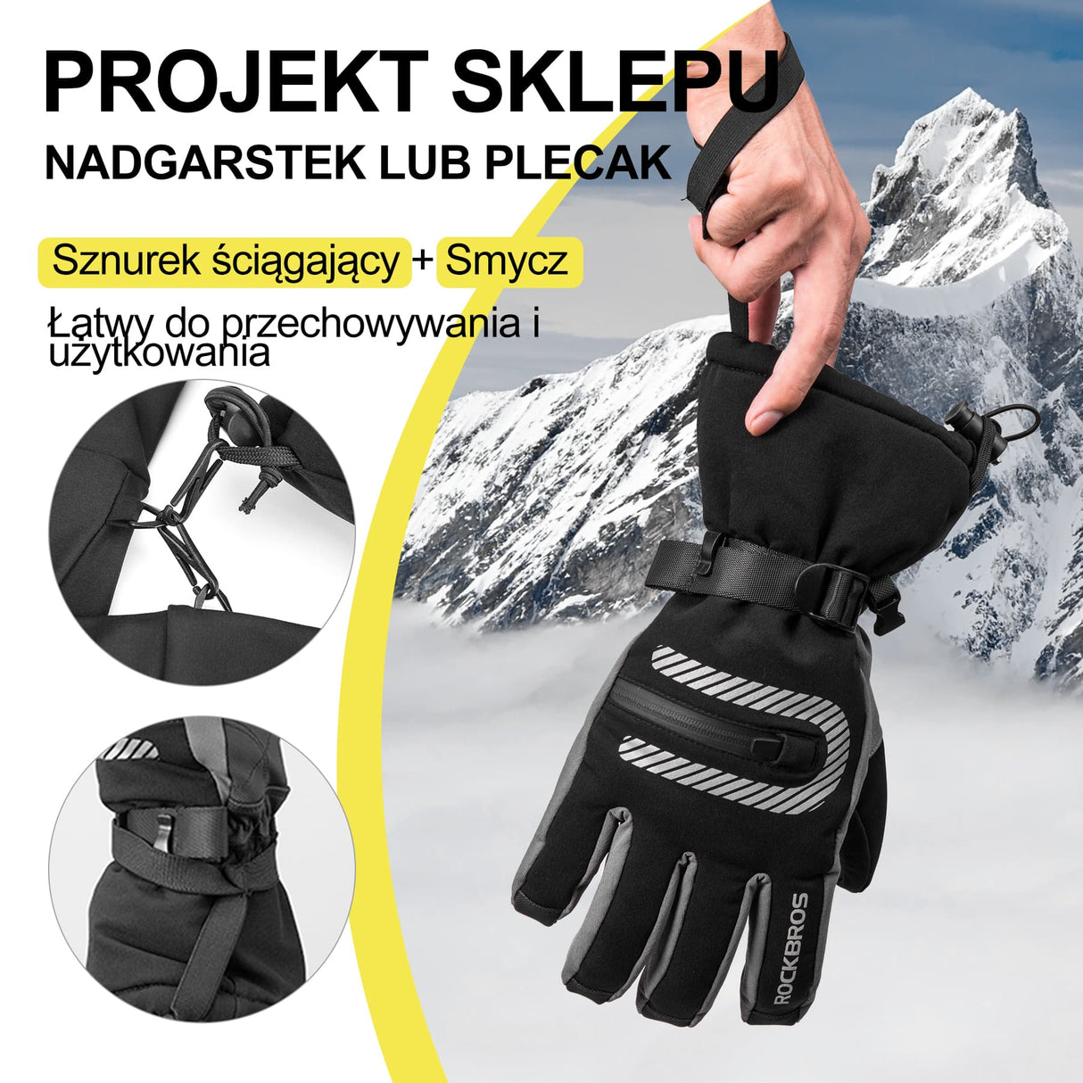 ROCKBROS Rękawice Narciarskie Termiczne Podwójna Warstwa Dwa W Jednym Zimowe Rękawiczki