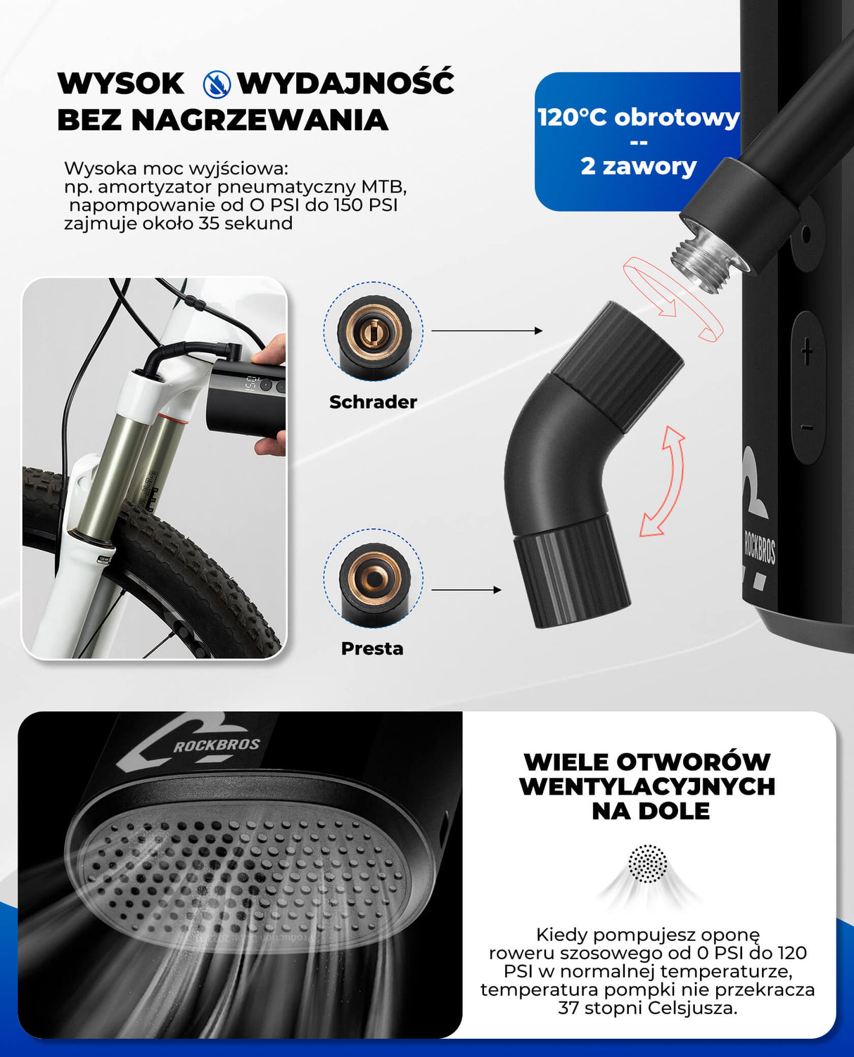 ROCKBROS Elektryczna Pompka Rowerowa 150 PSI z LCD -QJCQBM1 Elektryczne pompki