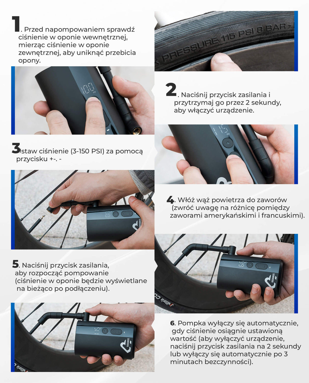 ROCKBROS Elektryczna Pompka Rowerowa 150 PSI z LCD -QJCQBM1 Elektryczne pompki