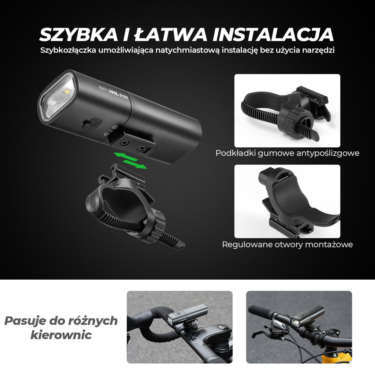 Lampka Rowerowa Przednia Z Szybkim Montażem I Akumulatorem 950lm - RHL950