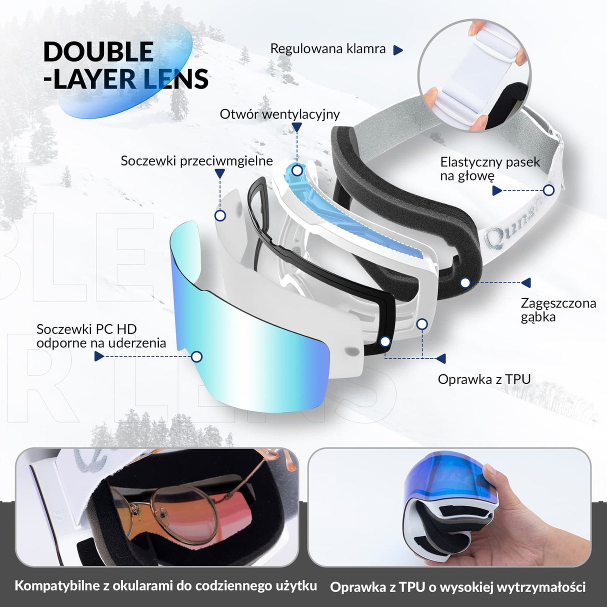 Qunature Qunature Gogle Narciarskie Bezramkowe Dla Mężczyzn I Kobiet Przeciwmgielną-Q23-007 Gogle narciarskie