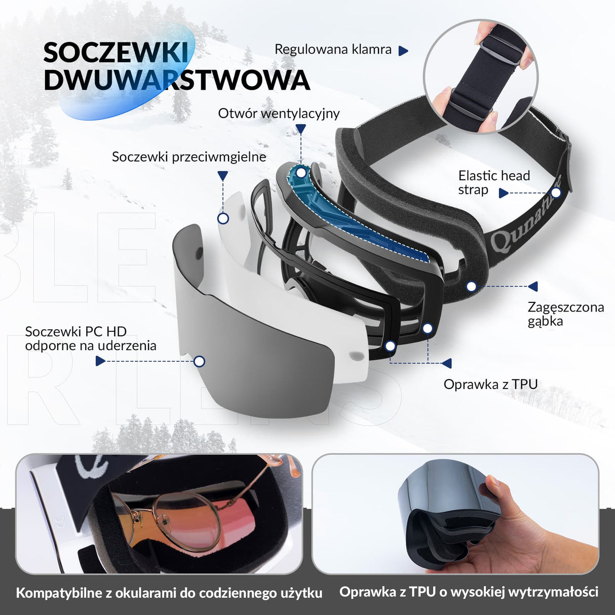 Qunature Qunature Gogle Narciarskie Bezramkowe Dla Mężczyzn I Kobiet Przeciwmgielną-Q23-007 Gogle narciarskie