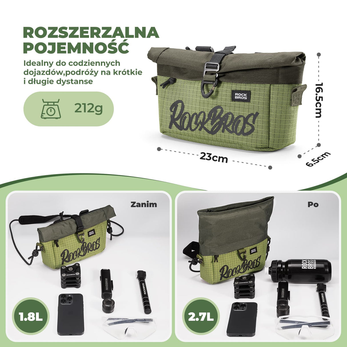 ROCKBROS Torba Na Kierownicę Rowerową Do Rowerów Z Prostą Kierownicą I Brompton 1.8-2.8 L Torba Przednia