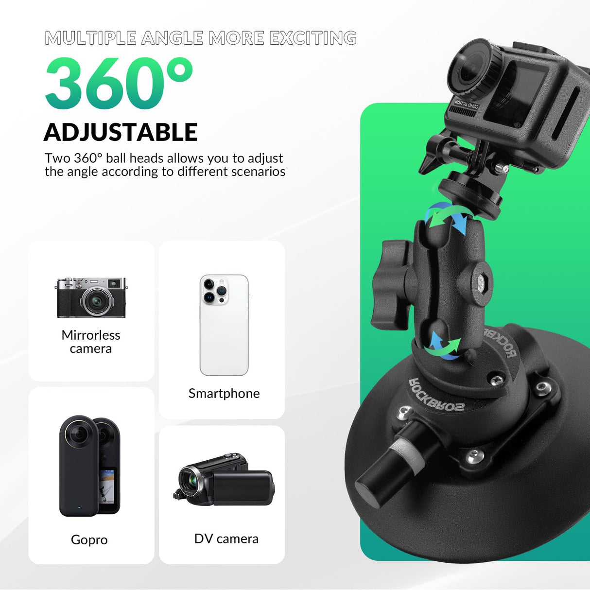 ROCKBROS ROCKBROS Uchwyt do Kamer Sportowych Samochodowy na Przyssawkę z Pompką i Stojak na Aparat Ruchową Akcesoria do Kamery Akcji Magic Arm do DJI OSMO, GoPro Hero 11/10/9/8 MAX, Nikon, Sony Uchwyty na licznik