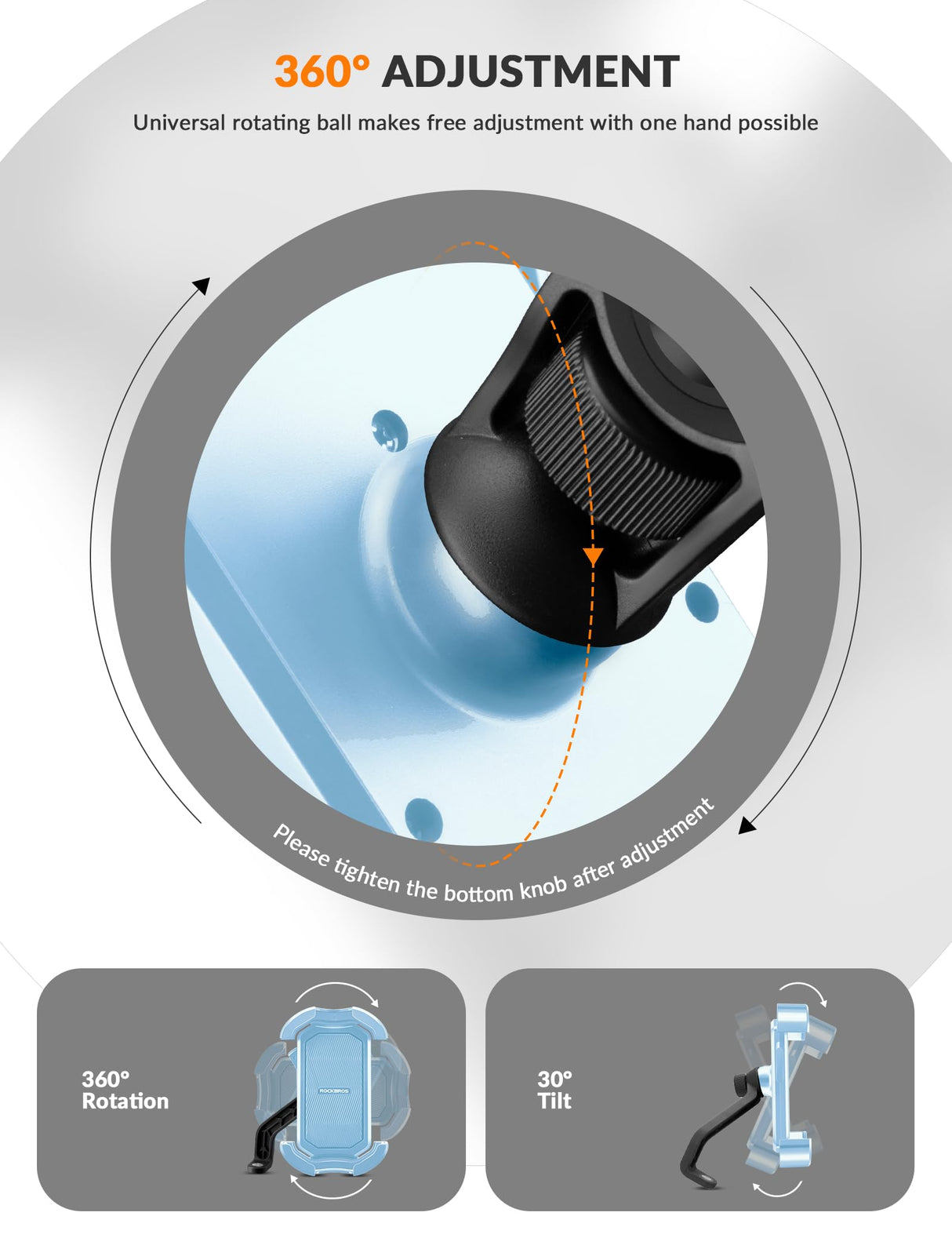 ROCKBROS Uchwyt Na Telefon Rowerowy Z Możliwością Obrotu O 360°, Odpowiedni Dla Telefonów O Przekątnej 4,7–7,0 Cala-HW-128 Uchwyty na telefon