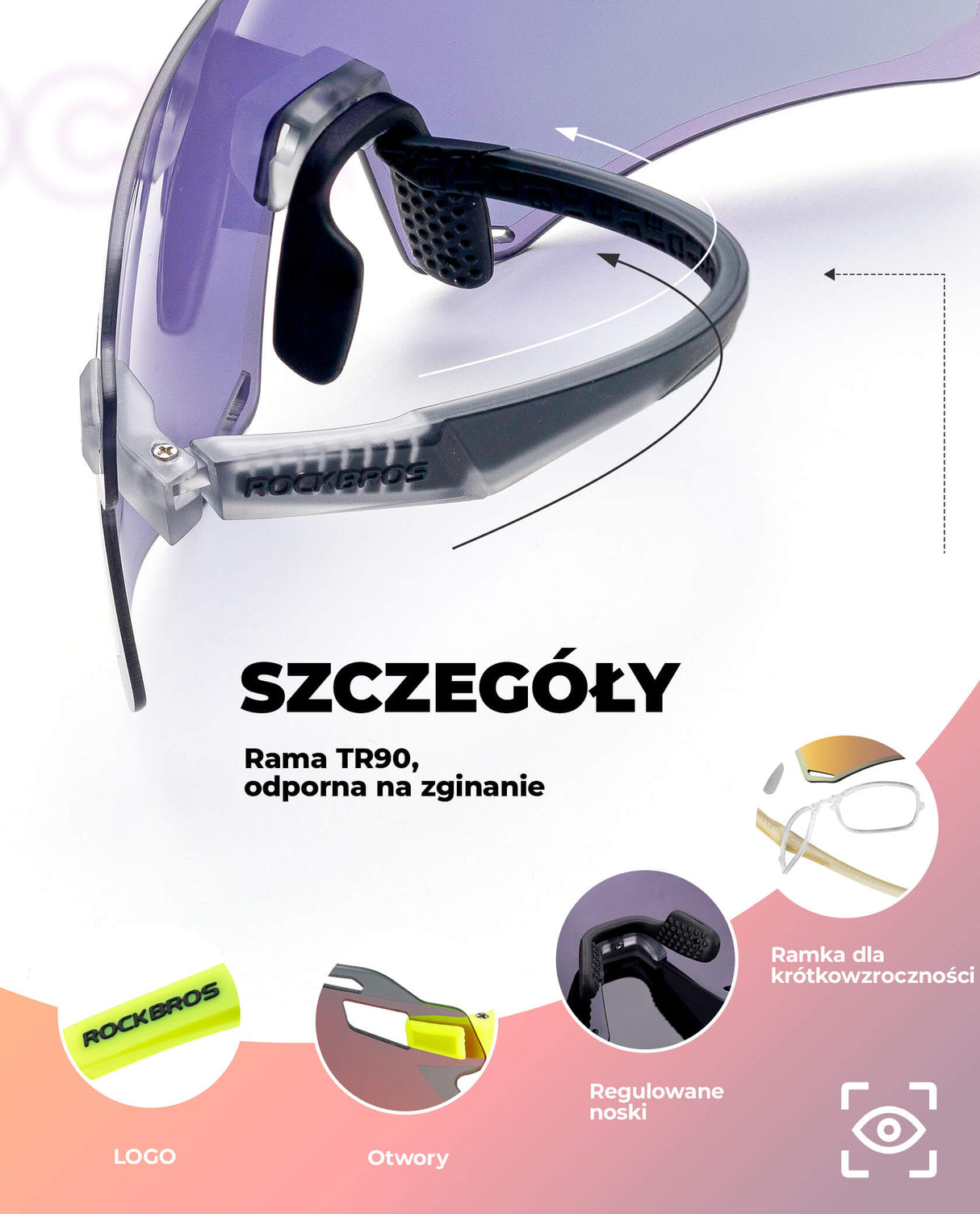 ROCKBROS Okulary Rowerowe TR90 Sportowe Przeciwsłoneczne Wiatroodporne Unisex Ochrona UV400 Okulary i gogle