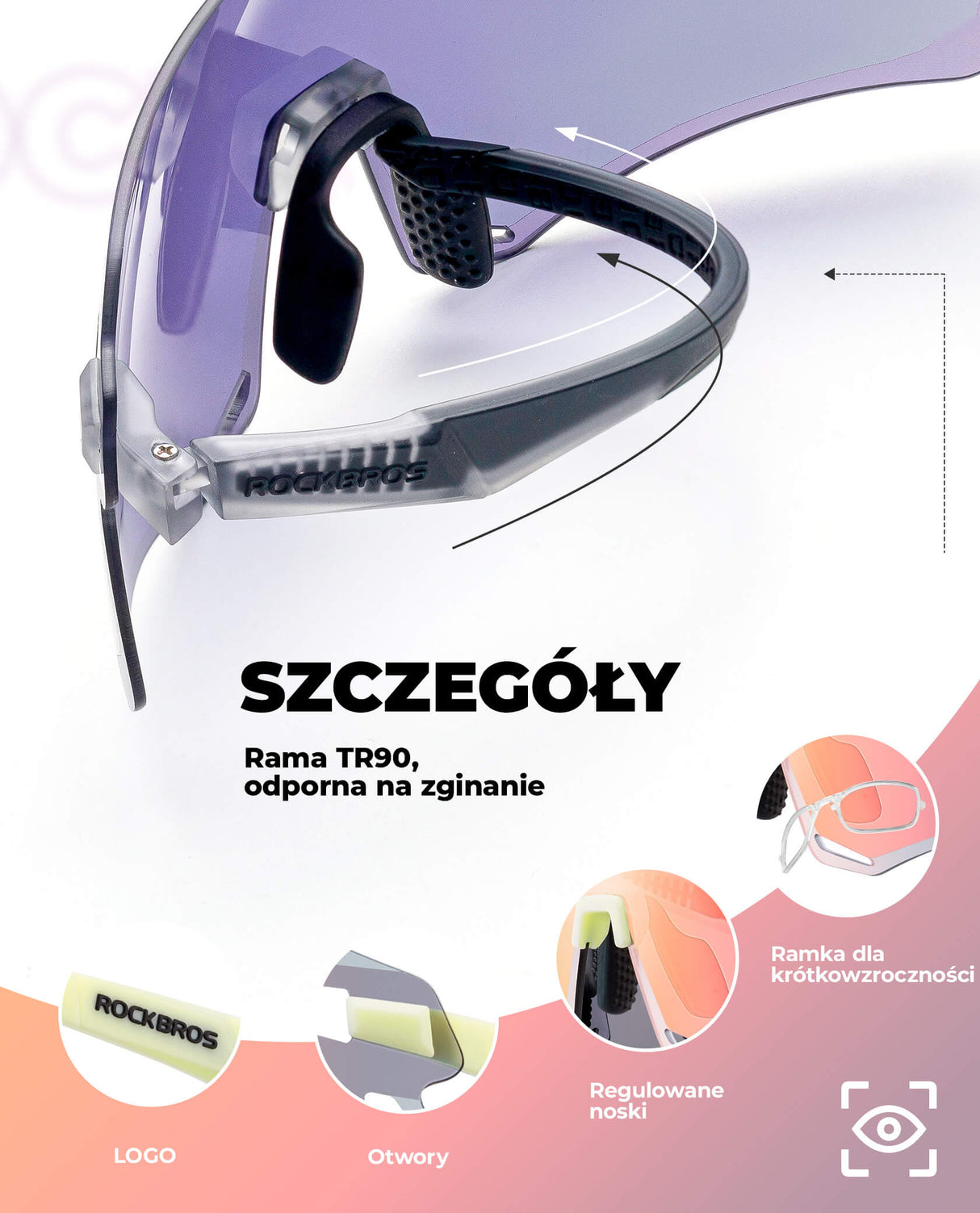 ROCKBROS Okulary Rowerowe TR90 Sportowe Przeciwsłoneczne Wiatroodporne Unisex Ochrona UV400 Okulary i gogle