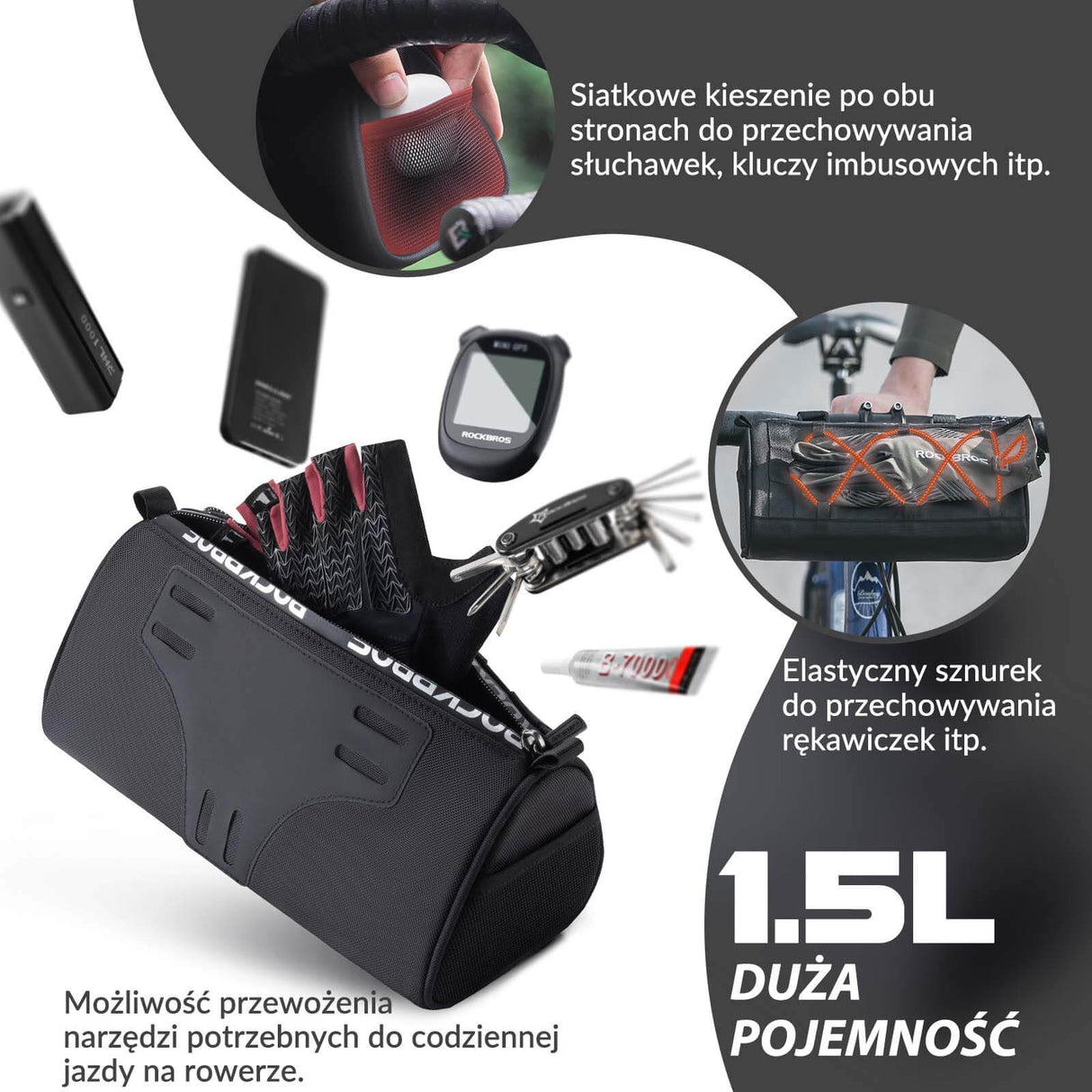 ROCKBROS Torba na Kierownicę Wielofunkcyjna Torba Rowerowa z Paskiem 1,5L Torby na kierownicę