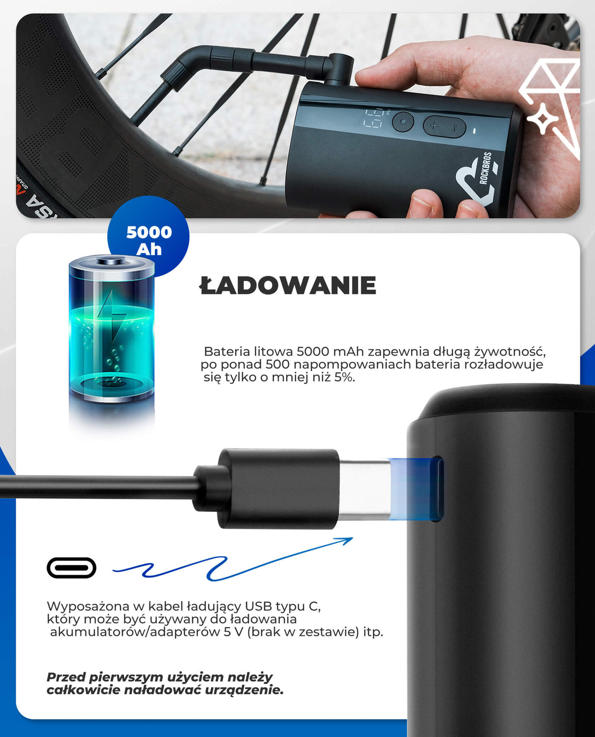 ROCKBROS Elektryczna Pompka Rowerowa 150 PSI z LCD -QJCQBM1 Elektryczne pompki