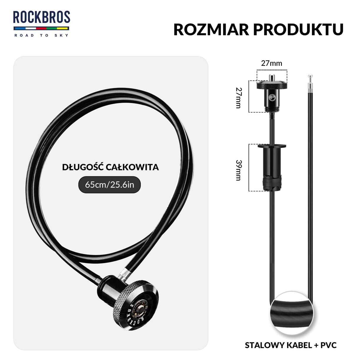 ROCKBROS Road-to-Sky Rowerowy Zapięcie Linkowe Kablowe Ukryte 65cm Zapięcia