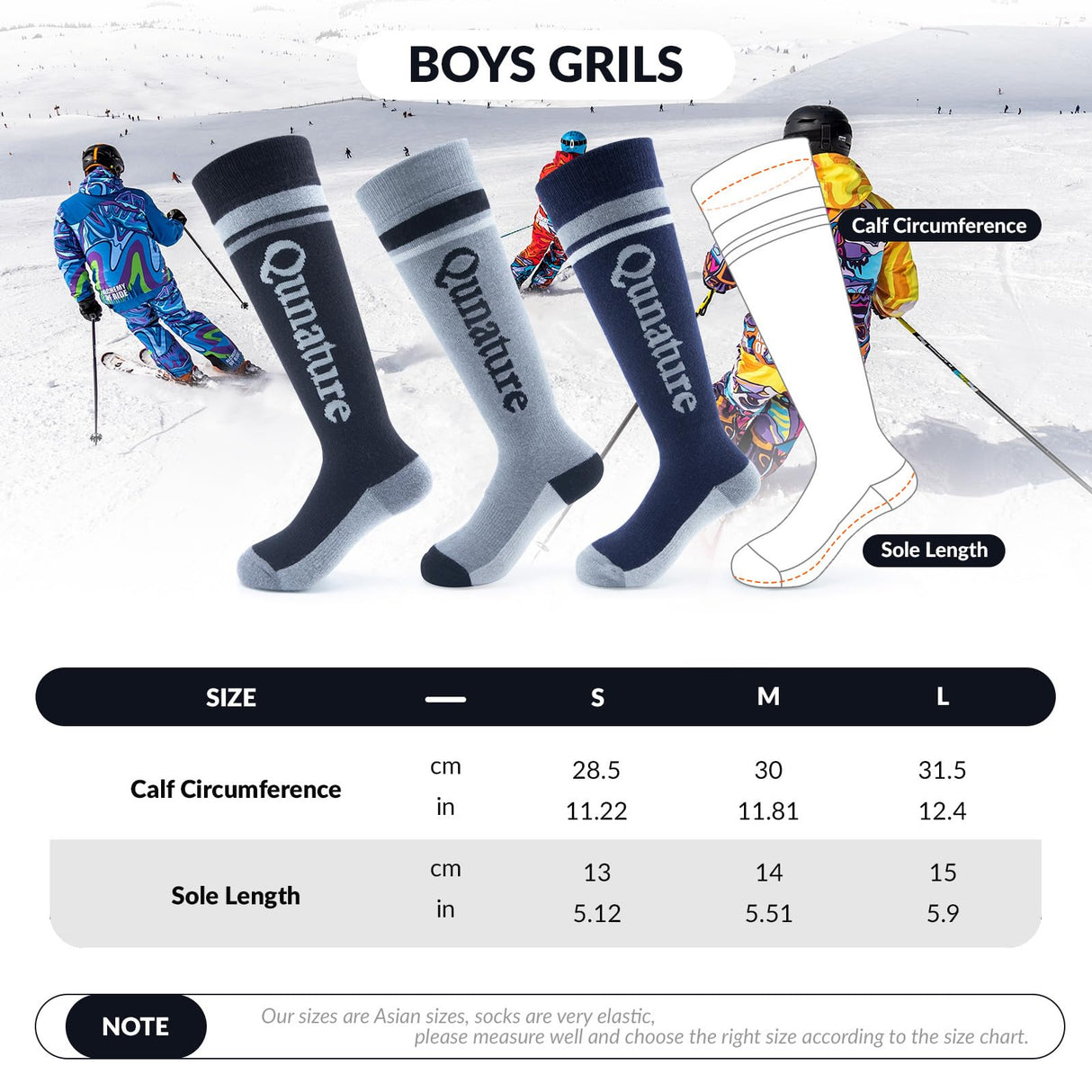 Qunature Qunature Skarpetki Narciarskie Dziecięce Skarpety Termiczne Podkolanówki Zimowe Dziewczęce/Chłopięce Termiczne 25-36-Q23-010 Skarpetka