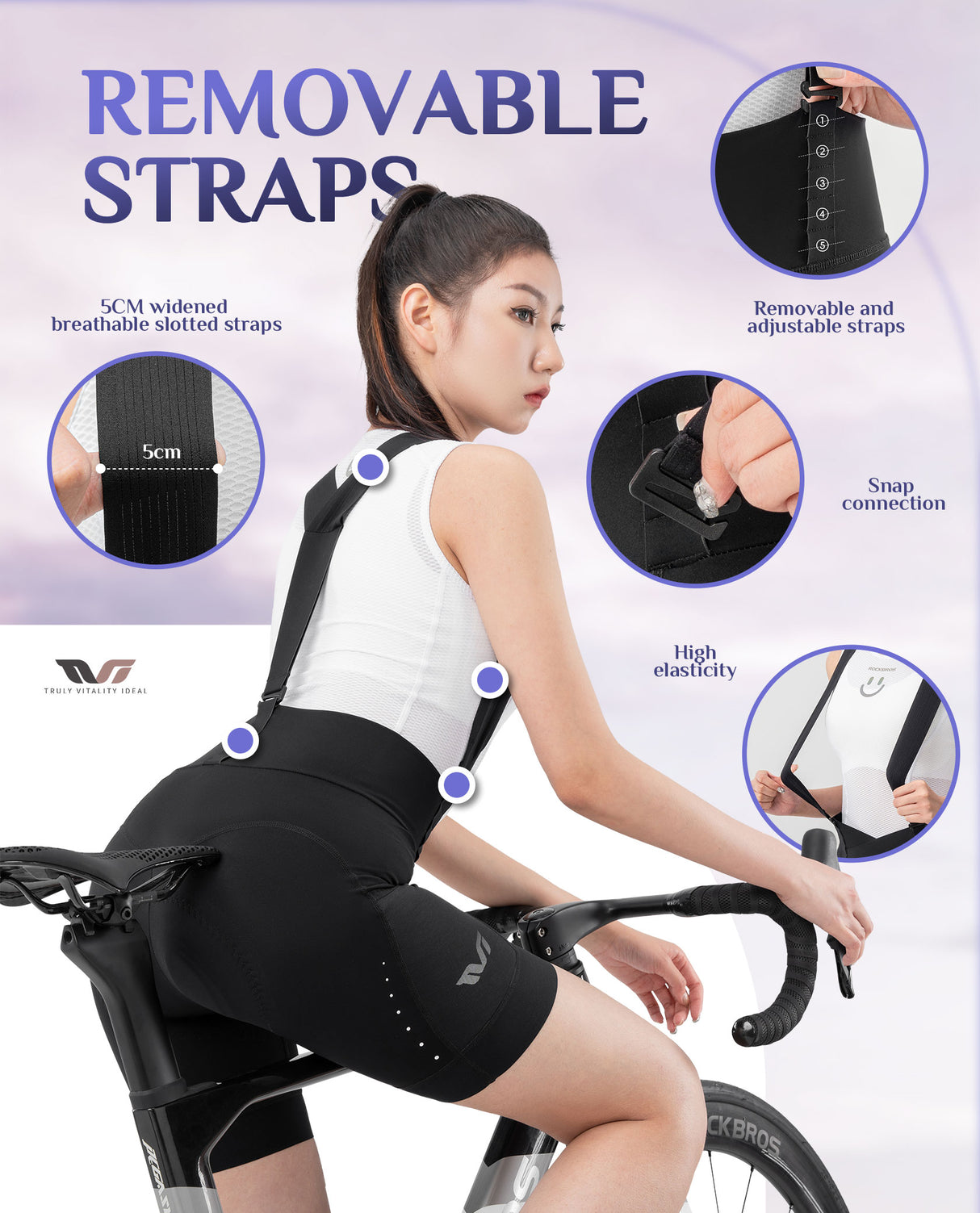 ROCKBROS TVI Damskie Spodenki Kolarskie Bib Tight,Duże, Wygodne Spodenki z Odpinanymi Ramiączkami na Rower Górski i Szosowy-YDDK006 Spodenki