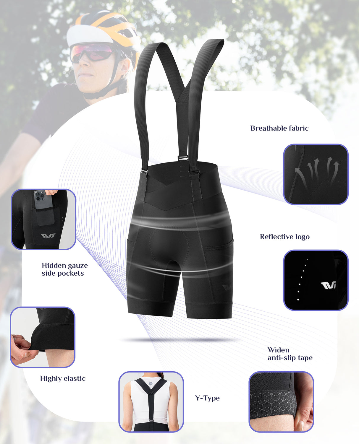 ROCKBROS TVI Damskie Spodenki Kolarskie Bib Tight,Duże, Wygodne Spodenki z Odpinanymi Ramiączkami na Rower Górski i Szosowy-YDDK006 Spodenki