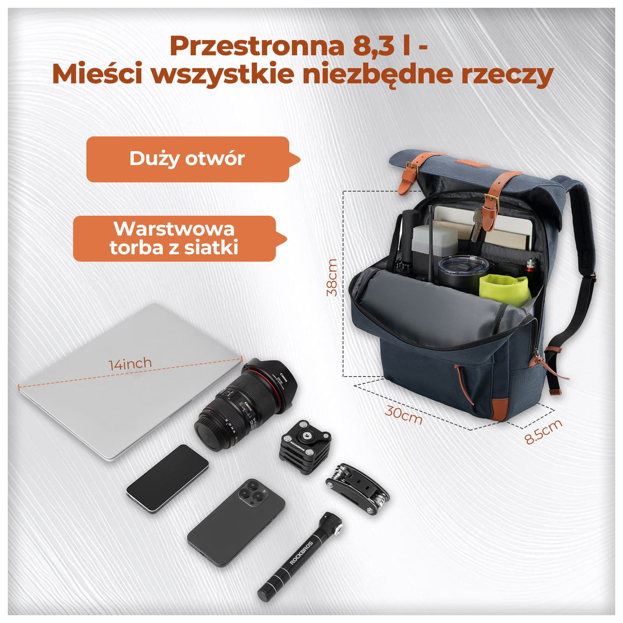 ROCKBROS Torba 3w1 Do Roweru Składaka – Plecak, Torba Na Kierownicę I Do Ręki 8,3 L Plecaki