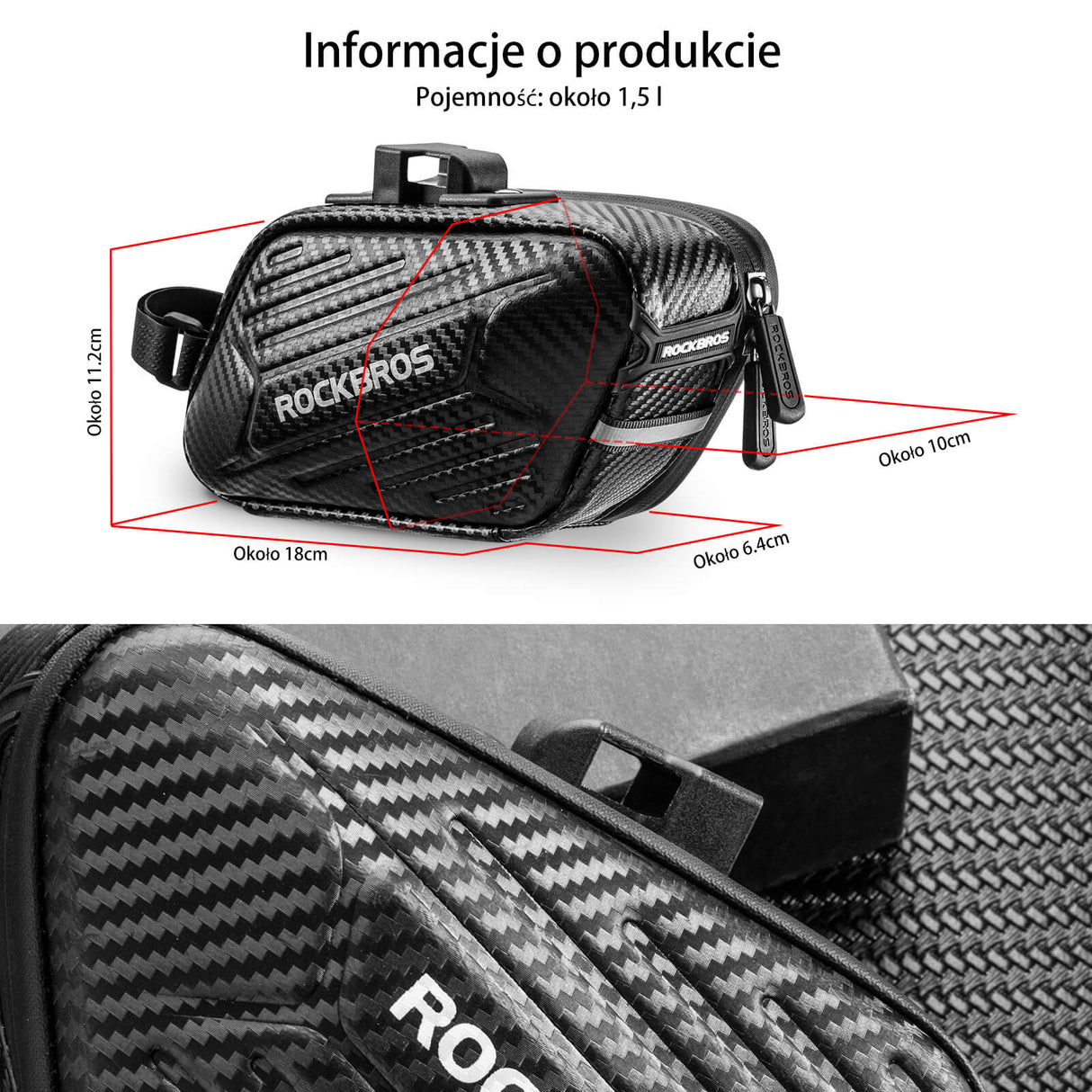 ROCKBROS Torba Podsiodłowa Rowerowa Twarda Skorupa o Fakturze Węgla 1.5L Torby podsiodłowe