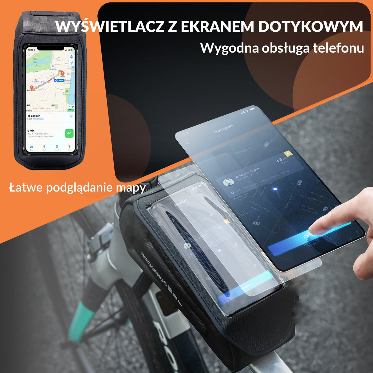 ROCKBROS Torba na Ramę Roweru Twarde Etui z Ekranem Dotykowym do Telefonów do 6,8 Cala Torby na ramę