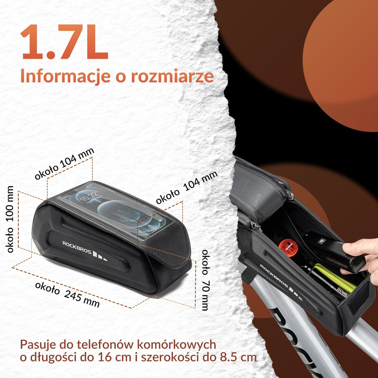 ROCKBROS Torba na Ramę Roweru Twarde Etui z Ekranem Dotykowym do Telefonów do 6,8 Cala Torby na ramę