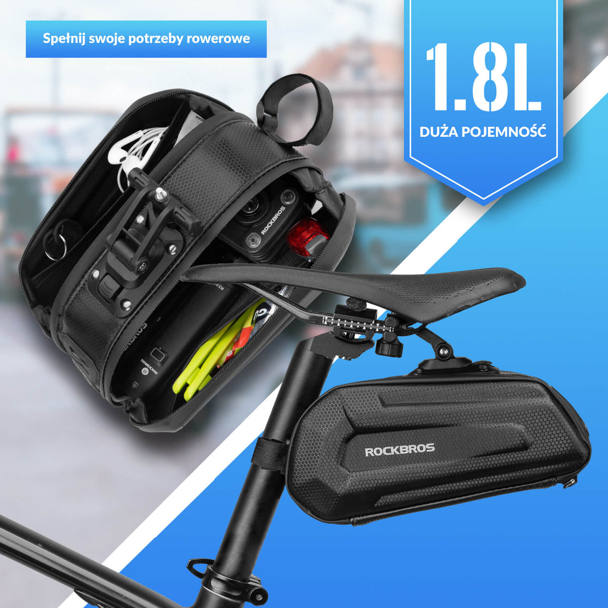 ROCKBROS Torby Podsiodłowe Twarda Skorupa z Podwójnym Zamkiem Błyskawicznym 1.7L Torby podsiodłowe
