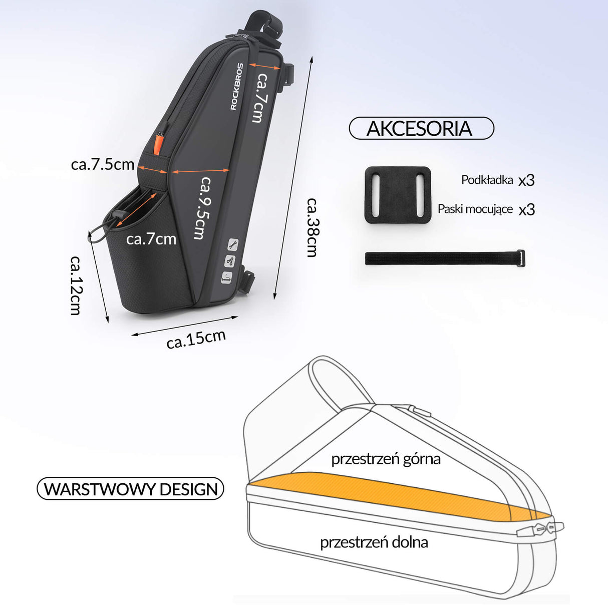 ROCKBROS Torby na Ramę Torba na Butelkę z Wodą w Kształcie Trójkąta 3L Torby na ramę