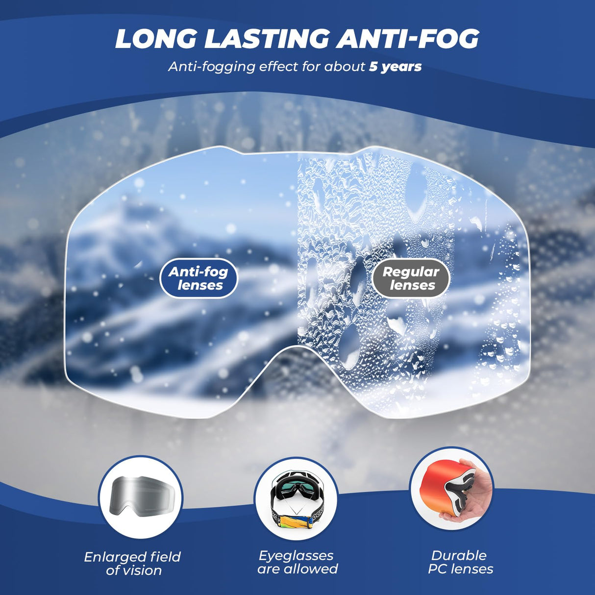 ROCKBROS ROCKBROS Okulary Narciarskie Gogle, Polaryzacyjne, Przeciwmgielne, Jasne i Szerokie Widzenia, Niełatwe do Złamania, Regulowany Pałąk, Wygodne, Uniwersalne, Niebieski Gogle narciarskie