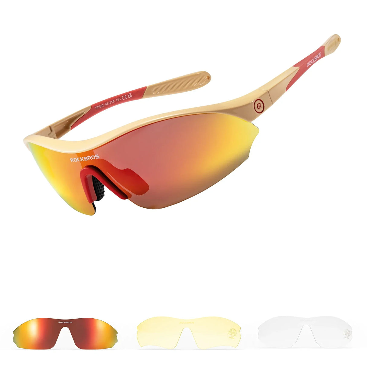 Sports Cycling Sunglasses with 3 Interchangeable#Color_Khaki
